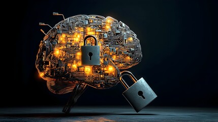 Poster - Glowing Mesh Brain with Lock Visualizing the Concept of Mental Health Awareness and the Need for Protection Security and Enlightenment of the Mind
