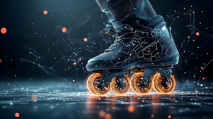 Aufkleber - Glowing mesh clad rollerbladers racing through a futuristic neon soaked city landscape leaving trails of light in their wake as they spin and glide with dynamic high speed motion