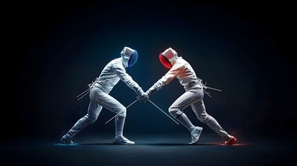 Poster - Glowing mesh fencing swords crossing in a dynamic and futuristic composition with luminous lines tracing their elegant motion  This digital showcases a sleek high tech and conceptual visual design