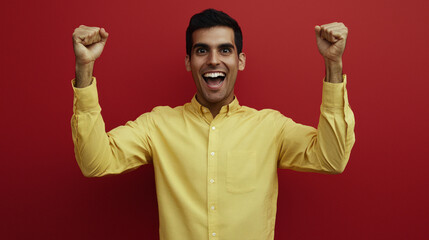 Enthusiastic man celebrates with fists in the air.