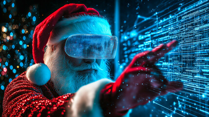 Santa Claus interacts with a hologram. The concept of blending tradition with futuristic technology and innovation. Generative AI.