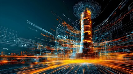 Poster - Glowing mesh lines create a striking visual representation of an iconic landmark surrounded by vibrant dynamic light trails that evoke a sense of futuristic energy and motion  This digital