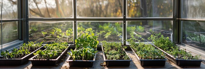 Poster - This small greenhouse is filled with lush microgreens growing in trays, illuminated by warm afternoon sunlight. Generative AI