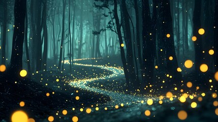 Poster - Glowing mesh lines forming a dynamic abstract mountain bike trail winding through a mystical luminous forest scene  Digital with a futuristic minimalist style