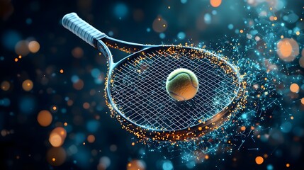 Glowing mesh lines forming a dynamic and futuristic tennis racket with a ball in mid swing capturing the energy and movement of a fast paced sports game