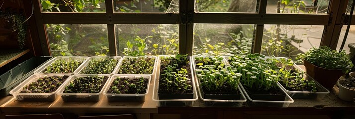 Poster - Trays of lush microgreens grow healthily in a small home greenhouse, basking in natural light from the nearby window. Generative AI