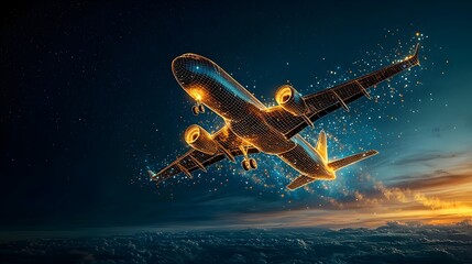 Poster - Glowing mesh lines forming an abstract airplane taking off with a trail of light against a vibrant sunset sky creating a futuristic and dynamic digital art scene
