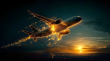 Poster - Glowing mesh lines forming an abstract airplane taking off with a trail of light against a vibrant sunset sky  Futuristic digital technology and motion visualization concept
