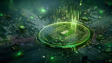 Poster - Glowing mesh lines forming a futuristic circuit board with pulsing data streams representing the concept of technology digital connectivity and intelligence