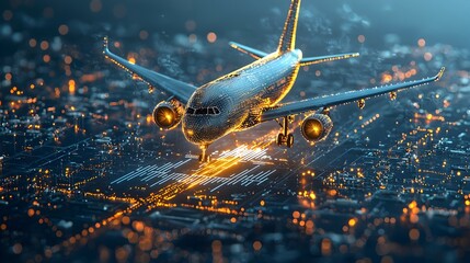 Leinwandbilder - Glowing mesh lines forming an airport runway with illuminated airplanes taking off into the night sky creating a futuristic and dynamic digital transportation landscape
