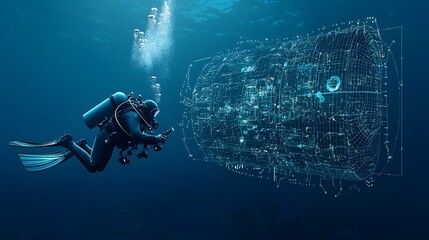 Leinwandbilder - Glowing mesh lines tracing the path of a scuba diver as they explore the deep luminescent waters of the underwater world  An abstract