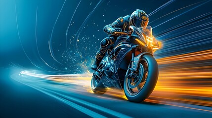 Leinwandbilder - Glowing mesh motorcycle racing at high speed down a winding road leaving behind a trail of luminous light and energy in its wake