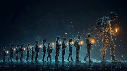Poster - Glowing mesh outline of a crowd holding lit candles symbolizing unity hope and resilience during a time of crisis or challenge  This abstract digital art conveys a sense of and empowerment