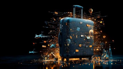 Fototapete - Glowing mesh outline of a travel suitcase with light trails indicating various travel destinations and the concept of exploring the world through journeys and vacations