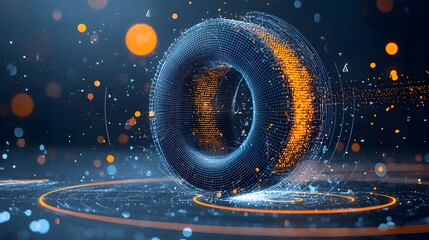 Poster - Glowing mesh outlines of gymnastic rings in a dynamic energetic display of movement and motion  The abstract futuristic artwork captures the grace power and intensity of this athletic activity