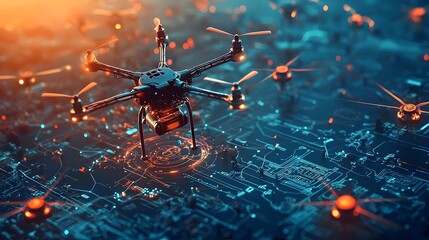 Leinwandbilder - Glowing mesh pattern of autonomous drones forming a futuristic interconnected delivery network system  Conceptual visualization of advanced transportation intelligence and smart logistics