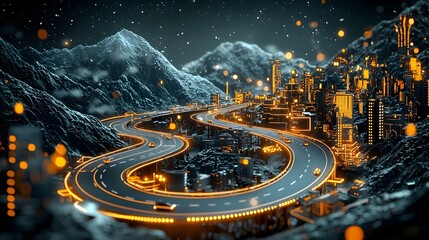 Poster - Glowing Mesh Pattern of Winding Mountain Road   Abstract Digital of Illuminated Highway Through Mountainous Landscape
