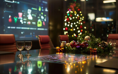 Festive corporate gathering blending technology and holiday spirit in a modern conference room