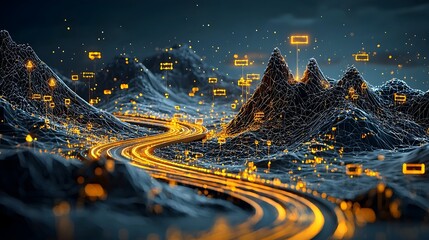 Aufkleber - Glowing mesh patterned winding road cutting through a dramatic illuminated mountain landscape  The digital abstract visualization creates a futuristic serene and visually captivating scene