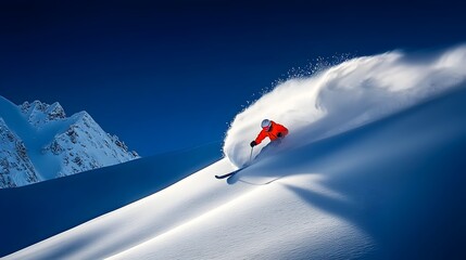 Poster - glowing mesh snowflakes outlining a skier carving down a steep snowy slope in a captivating winter l