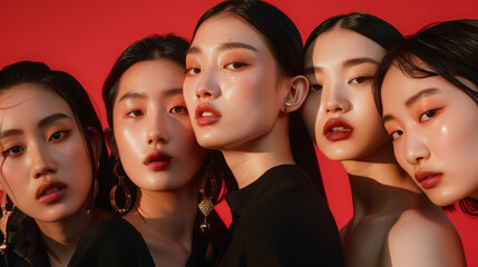 Asian models pose red background lips makeup Dewey skin group fashion confident close up Portrait together stylish high end shot glamor young showcase elegant backdrop wallpaper cover black hair gloss