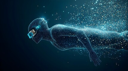 Aufkleber - Glowing mesh swimmer gracefully diving into a wave made of luminous pulsating light patterns creating a surreal futuristic and ethereal underwater scene