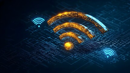 Fototapete - Glowing Mesh Wi Fi Symbol with Radiating Energy Waves   Futuristic Digital Technology Backdrop Dynamic and Illuminated Neon Network Connection Concept