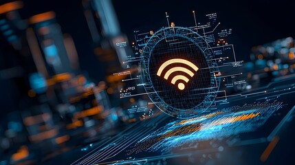 Leinwandbilder - Glowing mesh Wi Fi symbol with dynamic energy waves radiating outward representing high speed digital connectivity wireless communication and futuristic technology