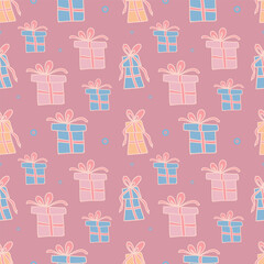 Seamless pattern of Christmas items and gifts. A hand-drawn illustration.