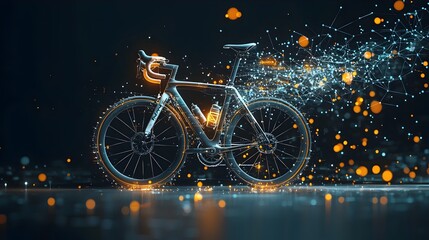 Leinwandbilder - Innovative and captivating image depicting a bicycle with a mesmerizing mesh pattern and glowing luminous spokes creating a trail of light and a sense of dynamic futuristic movement