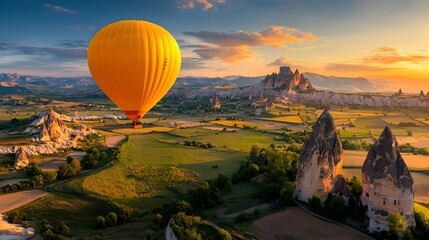 Poster - Majestic mesh pattern of a hot air balloon floating peacefully above a glowing ethereal landscape at the tranquil dawn  An awe inspiring serene scene of nature and adventure