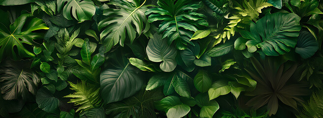 A close-up of a variety of green tropical leaves, creating a lush and textured background.