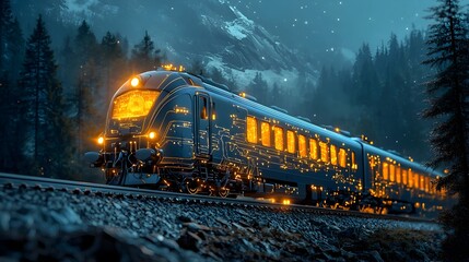 Aufkleber - Mesh Lines Depicting a Scenic Train Journey with Glowing Windows and Beautiful Countryside Landscapes