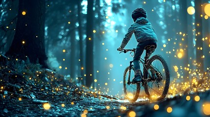 Aufkleber - Mesh outline of a cyclist riding along a glowing digital pathway through an abstract forest landscape creating a futuristic and dynamic visual representation of motion and energy