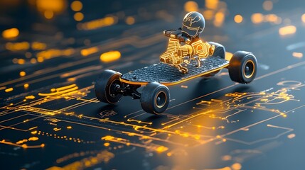 Aufkleber - Mesh outline of an electric skateboard with dynamic luminous light trails highlighting its speed and futuristic technology  This digital showcases the sleek