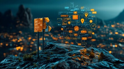 Poster - Mesh pattern of a scenic viewpoint with glowing signs pointing to various destinations in a modern minimalist digital landscape  Concept of technology driven navigation wayfinding and
