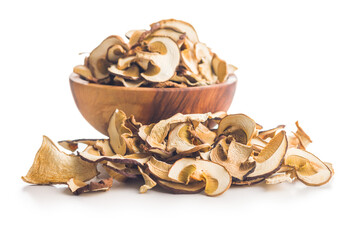 Wall Mural - Dried porcini mushrooms. Sliced boletus in bowl isolated on white background.