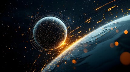 Fototapete - Meshed light trails depict the curvature of spacetime around a celestial body showcasing the distortion of the gravitational field in a visually captivating 3D render