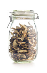 Wall Mural - Dried porcini mushrooms. Sliced boletus in jar isolated on white background.