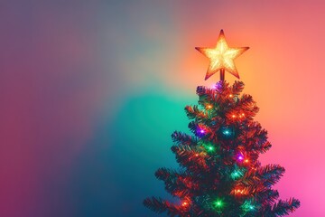 Illuminated Christmas tree with colorful lights on gradient back