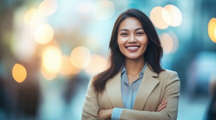 Young successful smiling pretty business woman, standing on big city urban street, success