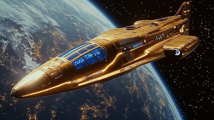 Wall Mural - a golden spacecraft with blue windows, orbiting the earth