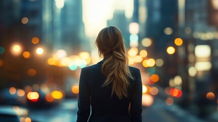 Young successful smiling pretty business woman, standing on big city urban street, success