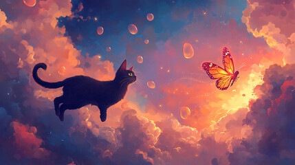 Wall Mural - A cat chasing a glowing butterfly through a sky filled with jellybean-shaped clouds 