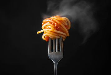 a fork with steaming hot spaghetti 