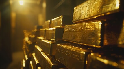 Stacked Gold Bars in Dimly Lit Vault