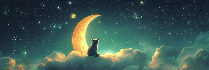 Wall Mural - A cat sitting on a floating crescent moon, surrounded by twinkling stars and glowing clouds. 