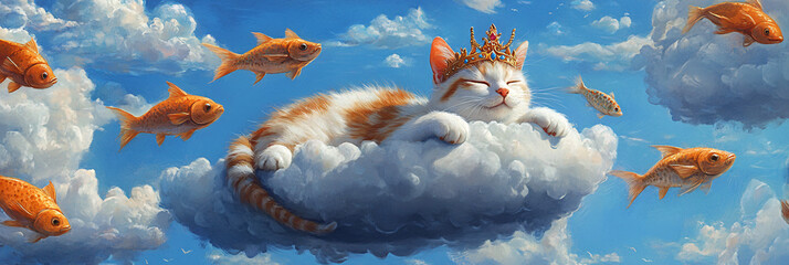 Wall Mural - A cat wearing a crown, lounging on a floating throne made of fish-shaped clouds 