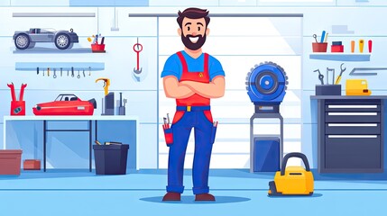 Poster - A technician performing repair work on an automatic electric garage door in an industrial setting, surrounded by tools and equipment.