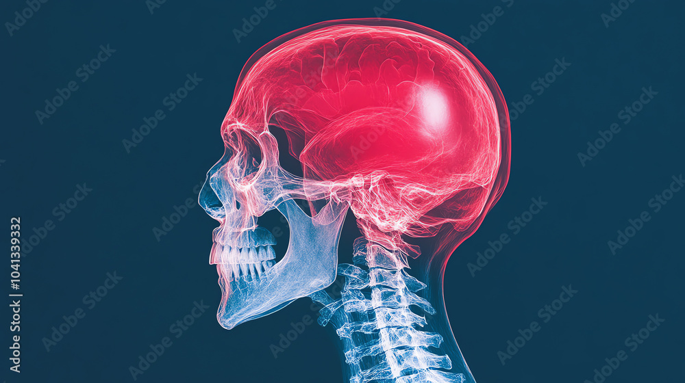 X-ray image of human skull highlighting the brain, showcasing anatomy ...